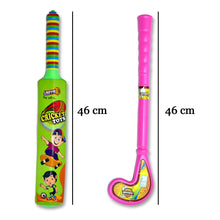 Plastic bat, ball, and hockey set in vibrant colors for children