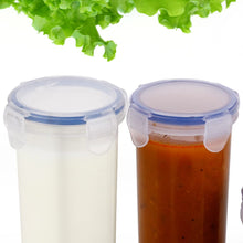 Round plastic container with leak-proof locking lid for secure food storage.