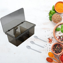 Portable seasoning box with three divided sections and lid, ideal for bars or restaurants.