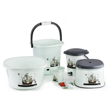 6-piece plastic bathroom set including bucket, dustbin, mug, stool, soap case, and tub, various perspectives.