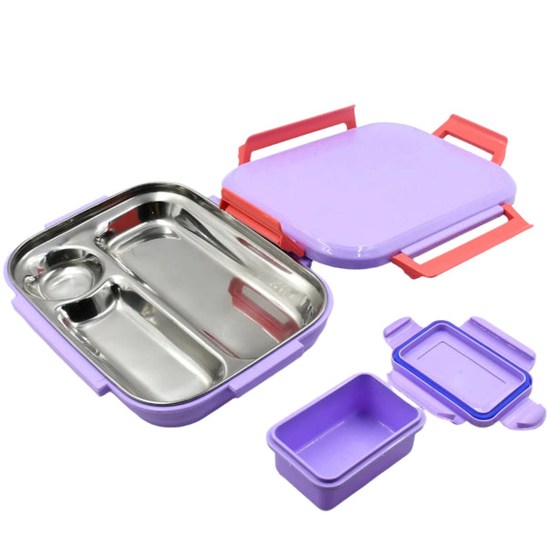 Small lunch box, pink and blue plastic, with steel plate, kids school.