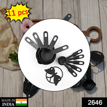 Measuring cups and spoons set in black with a butterfly-shaped holder for easy storage