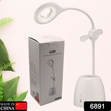 LED desk lamp with fan and pen container, suitable for study and bedroom.